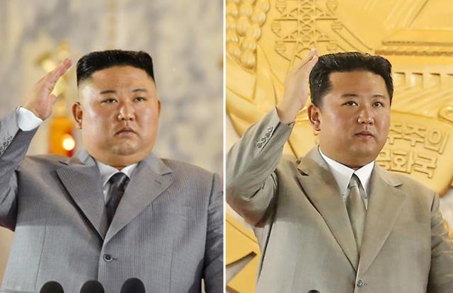 김정은 북한 국무위원장의 지난해 10월 모습(왼쪽)과 지난 9일 열병식 행사에 참여한 모습. 조선중앙통신·조선중앙TV 화면.