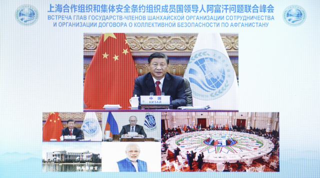 지난 17일 열린 상하이협력기구 정상회의에 시진핑 중국 국가주석이 화상으로 연설하고 있다. /신화연합뉴스