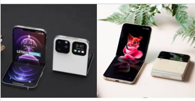 애플 아이폰 폴더블폰 예상 이미지(왼쪽)와 삼성전자 폴더블폰 ‘갤럭시Z 플립3’(오른쪽). [렛츠고디지털(LETSGO DIGITAL) 캡처·삼성전자 제공]