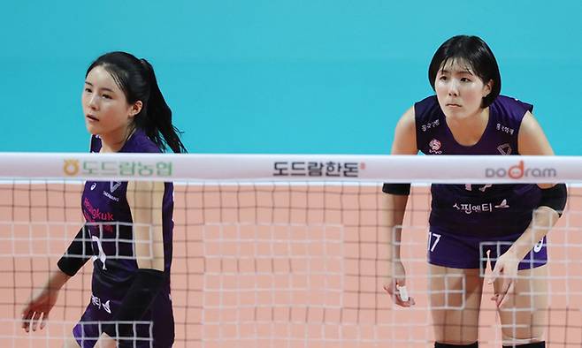 학교폭력으로 한국배구에서 사실상 퇴출된 이재영(오른쪽)·다영 쌍둥이 자매가 그리스 프로리그 진출을 시도 중이다. 두 선수가 지난해 열린 리그 경기에 출장한 모습. 뉴스1