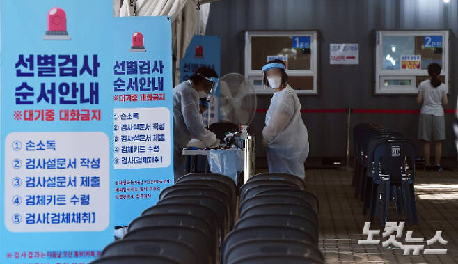 서울 여의도공원에 마련된 선별진료소에서 의료진이 시민들을 안내하고 있다. 황진환 기자