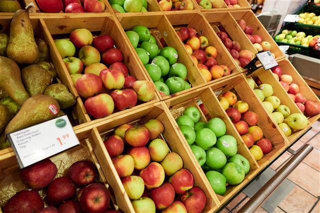 독일 프랑크푸르트의 한 시장 매대에 놓인 사과들, 포도보다 사과에 가까운 문화권에 속하는 독일에선 다양한 품종의 사과를 사시사철 시장에서 만날 수 있다.