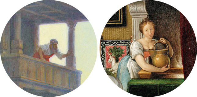 장 레옹 제롬의 ‘밧세바’(1889·왼쪽)와 프랑수아 클루에의 ‘목욕하는 여인’(1571경)의 부분을 클로즈업했다. 난간에 매달린 다윗왕과 목욕물을 데워 나르는 하녀. 벌거벗은 여인의 목욕이란 같은 소재의 그림이지만 ‘훔쳐보는 이’와 ‘관심없는 이’의 ‘다른 눈’을 통해 작품이 내보이는 ‘다른 지향’이 보인다.