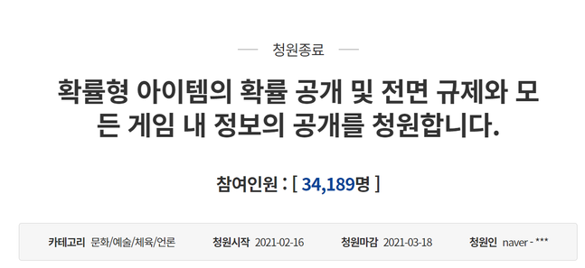 확률형 아이템 확률 공개 및 전면 규제를 요구하는 청와대 국민청원이 3만4189명이 동의 후 마감됐다.ⓒ청와대 국민청원 게시판 캡쳐