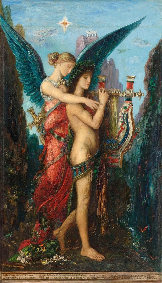 귀스타브 모로가 그린 ‘헤시오도스와 뮤즈’(1891년). ‘계보’의 이야기에서는 뮤즈 여신들이 시인에게 리라가 아니라 월계수 가지를 꺾어 준다. 사진 출처 위키피디아