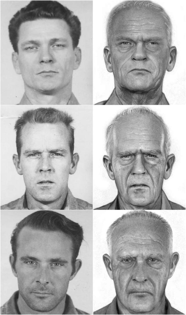 1960년 촬영된 앨커트래즈 탈옥범들의 머그샷(왼쪽)과 2014년 연방보안국이 만든 80대 추정 모습. 위쪽부터 프랭크 모리스, 존 앵글린, 클라렌스 앵글린. FBI·미 연방보안국