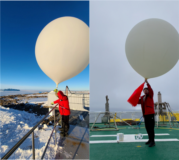위도 74도 이상 고위도의 양 극지에서 동시에 오존농도를 관측했다. 남극장보고과학기지(왼쪽)와 북극항해 중 아라온호에서 쏘아 올린 풍선. [사진=극지연구소]