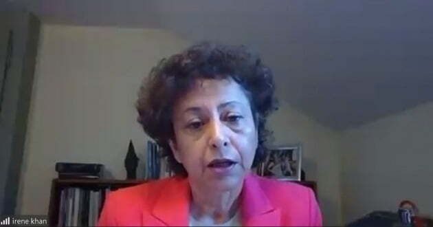 아이린 칸 유엔 의사·표현의 자유 특별보고관이 24일 화상으로 진행된 국내 언론과의 기자간담회에서 발언하고 있다. 인터뷰 화면 캡처