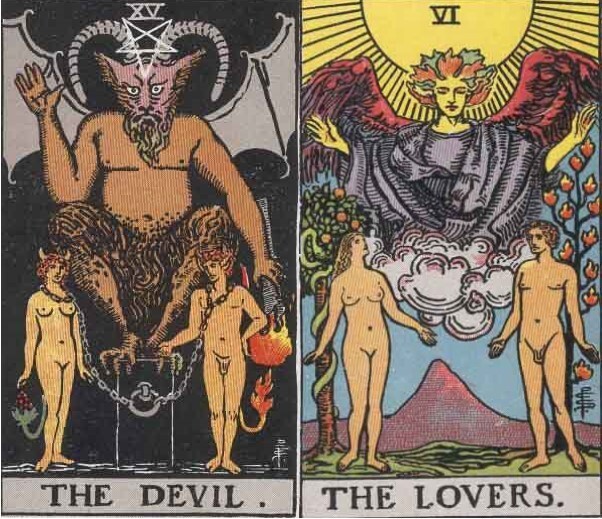타로 15번 '악마' 카드(왼쪽)와 6번 '사랑' 카드. 동일한 구조로 되어있다. (사진=조연희 작가 제공) *재판매 및 DB 금지