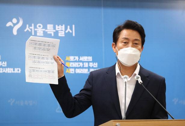 오세훈 서울시장이 지난 16일 서울시청에서 ‘서울시 바로세우기 가로막는 대못’ 입장문을 발표한 뒤 민간보조 및 민간위탁 지원현황 자료를 들어 보이고 있다.(사진=연합뉴스 제공)