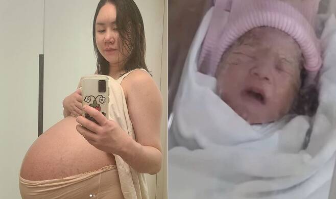 (左부터) 개그우먼 황신영의 임신 34주차 만삭 사진과  공개한 아기 모습. /인스타그램