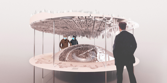 “Beneath the City: Rivers” by Gambjts has viewers focus on a mirrored half-sphere that reflects an upside-down city. It sheds light on the hidden waterways of Toronto, and proposes their excavation and embankment to commit to establishing resilient urbanism. [SEOUL BIENNALE OF ARCHITECTURE AND URBANISM]