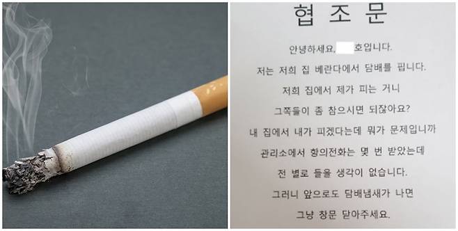 최근 각종 온라인 커뮤니티에 한 흡연자가 이웃 주민들의 민원에도 담배를 집에서 피우겠다는 글을 올려 누리꾼들을 당황하게 했다. /사진=이미지투데이, 커뮤니티