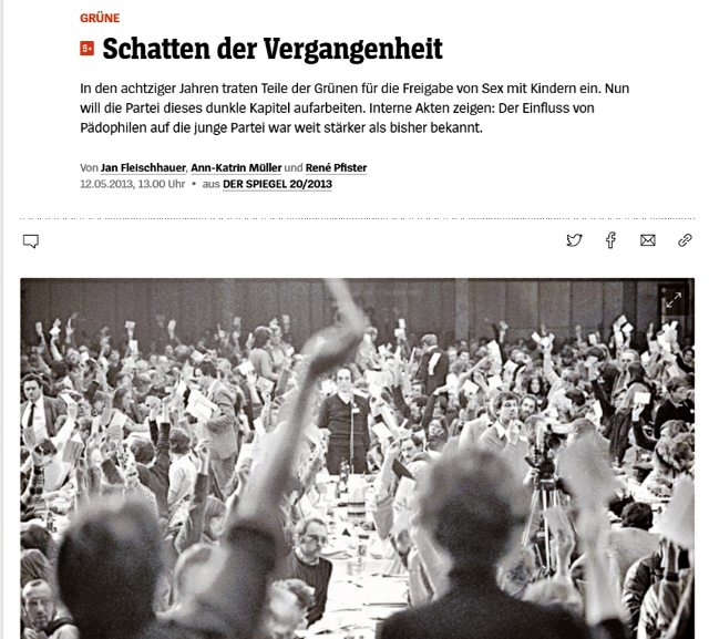 독일 언론 ‘슈피겔’의 홈페이지에 2013년 5월 12일 자로 올라온 “과거의 그림자”란 제목의 기사. 기사 속 사진은 1980년 열린 녹색당원 총회 모습. 슈피겔 홈페이지 캡처