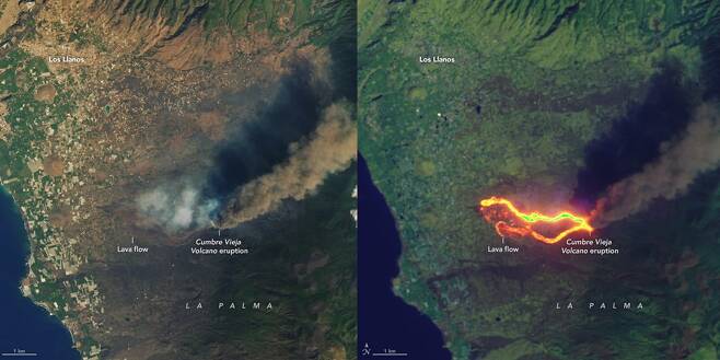 지난 26일 지구관측위성인 랜드샛8(Landsat8)이 촬영한 라팔마섬 화산의 모습