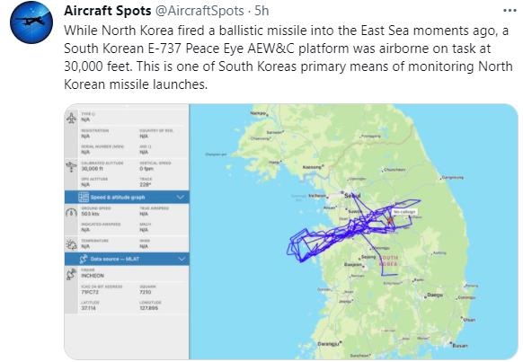 북한 미사일 발사 전후 피스아이 비행궤적 [에어크래프트 스폿(Aircraft Spots) 트위터 캡처. 재판매 및 DB 금지]