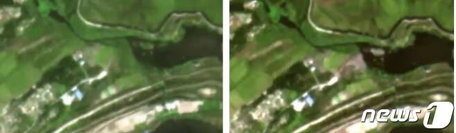 지난 18일(왼쪽)과 22일 북한 함경남도 함주군 소재 마군포 로켓엔진시험장 일대를 촬영한 인공위성 사진. 왼쪽 사진과 달리 오른쪽 사진 중앙에서 삼각형 모양으로 회색 형태로 보이는 곳이 로켓엔진 시험 때 배기구에서 나온 화염에 식물이 타버린 곳이다. (데이브 슈멀러 트위터) © 뉴스1