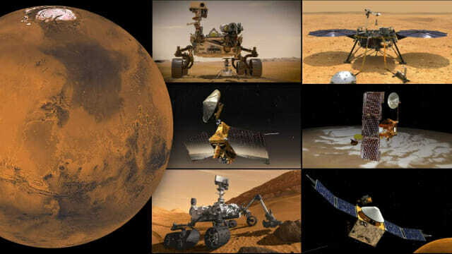 현재 화성에서 임무를 수행중인 탐사 장비들. 위에서부터 퍼시비어런스,인사이트호, 오딧세이 궤도선, 큐리오시티 로버, MRO 궤도선 (사진=NASA/JPL-칼텍)