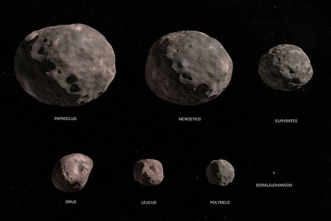 루시가 탐사 예정인 소행성들의 모습. 사진=NASA