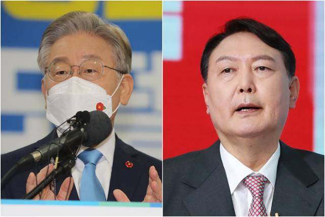 이재명(왼쪽 사진) 경기지사가 27일 제주상공회의소에서 제주지역 공약을 발표하고 있다. 오른쪽 사진은 23일 국민의힘 대선후보 2차 방송토론회에서 발언하고 있는 윤석열 전 검찰총장. 뉴스1, 국회사진기자단