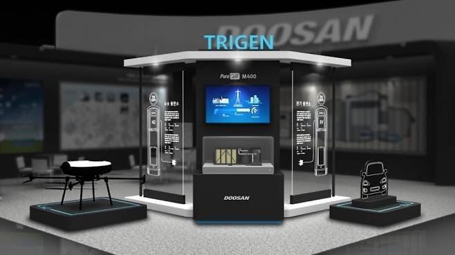 두산퓨얼셀은 이번 2021 그린뉴딜엑스포에서 액화석유가스(LPG), 천연가스를 원료로 전기, 열, 수소를 동시 생산하는 3종 에너지 생산 시스템 '트라이젠'(Tri-gen)을 소개한다./사진제공=두산퓨얼셀