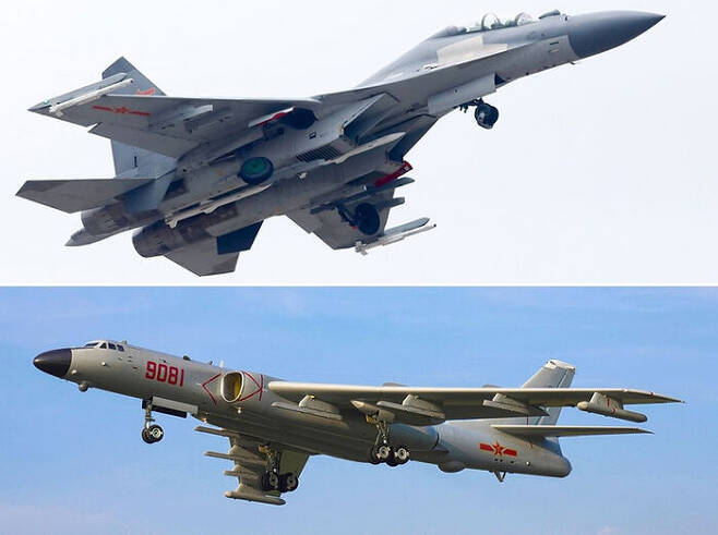 중국의 J(젠)-16 전투기(사진 위)와 H(훙)-6 폭격기