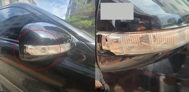 벤츠 차주는 사고로 사이드미러가 접히지 않는다며 교체 비용 전액과 2주 진단 대인 배상을 요구했다. (유튜브 '한문철 TV' 영상 갈무리) © 뉴스1