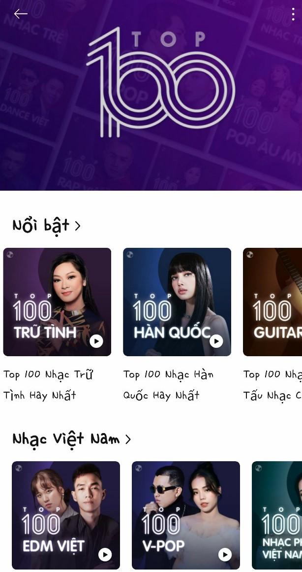 베트남 업체 'Zing MP3'가 운영하는 음악 스트리밍 서비스 애플리케이션에 게시된 '탑 100' 코너. 현지에서 인기가 많은 K팝(Han Quoc)도 별도 코너로 구성돼 있다. Zing MP3 앱 캡처