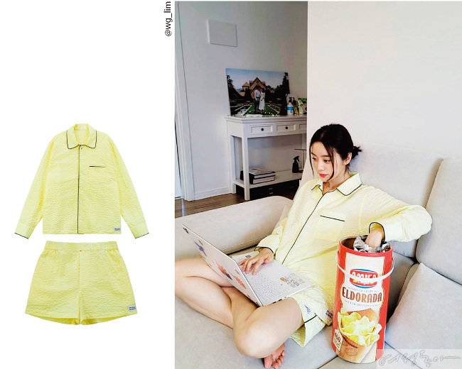 옐로 컬러와 블랙 파이핑 디테일이 돋보이는 파자마를 선택한 가수 우혜림. 엠보싱 텍스처라 폭신폭신하며, 시어서커 소재라 피부에 잘 달라붙지 않고 시원하다.
