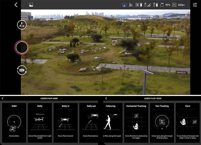 스마트폰으로 연동했을 때 보이는 화면(위)와 자율주행 비행 기능인 리제로 파일럿의 설정 가능 종류(하). 출처=IT동아