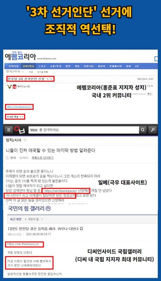 이재명 후보 지지자들이 '3차 국민선거인단 투표 개입' 증거라며 올린 보수 성향 사이트의 게시물들. 인터넷 캡처.