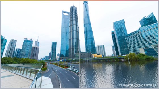 중국 상하이 루자쭈이 금융가의 현재 모습(왼쪽)과 지구 평균기온이 3도 올랐을 때 물에 잠긴 모습. [기후변화연구 단체 '기후 중심' ]