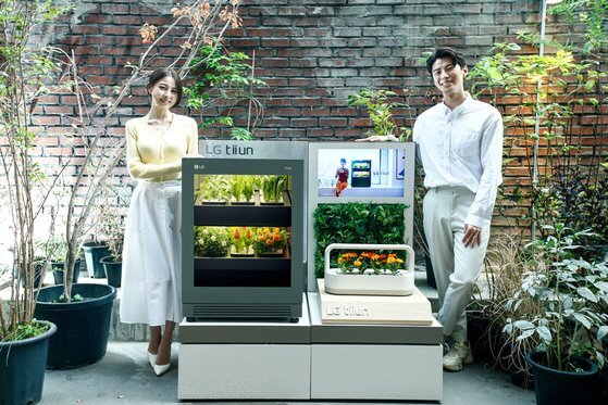 서울 성수동의 복합문화공간인 ‘플라츠’에서 진행 중인 'LG 티운' 팝업 스토어에서 모델이 'LG 티운(왼쪽)'과 'LG티운 미니' 제품을 체험하고 있다. [사진 LG전자]