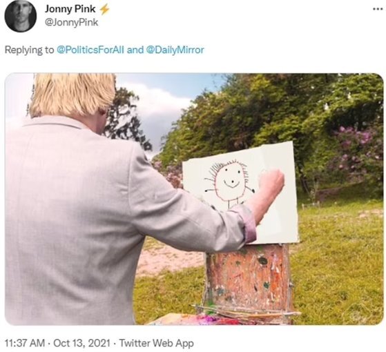 보리스 존슨 영국 총리가 호화 휴화지에서 그림이나 그리고 있다는 비난을 받는 가운데, 네티즌은 웃기는 그림을 합성해 존슨 총리의 휴가를 조롱하고 있다. [트위터]
