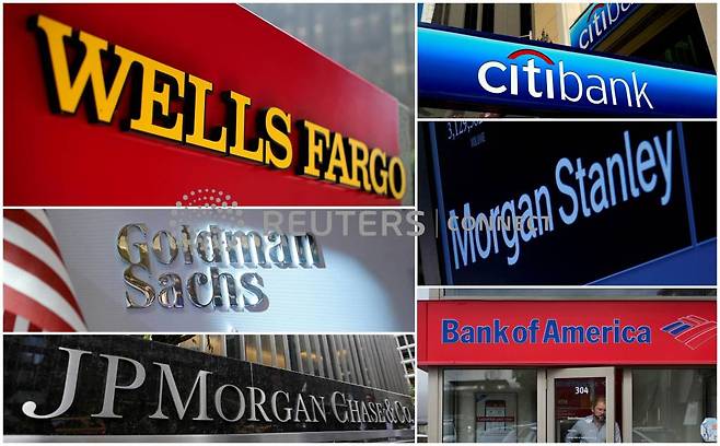 A combination file photo shows Wells Fargo, Citibank, Morgan Stanley, JPMorgan Chase, Bank of America and Goldman Sachs from Reuters archive./File Photo