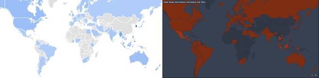 구글트렌드 지역별 관심도를 푸른색으로 나타낸 지도(왼쪽)과 넷플릭스에서 오징어게임이 인기 1,2위를 차지하고 있는 지역(붉은색)의 모습. 아시아와 아프리카, 미주 대륙 등 대체로 일치하는 모습이다. /사진=구글트렌드, 플릭스패트롤