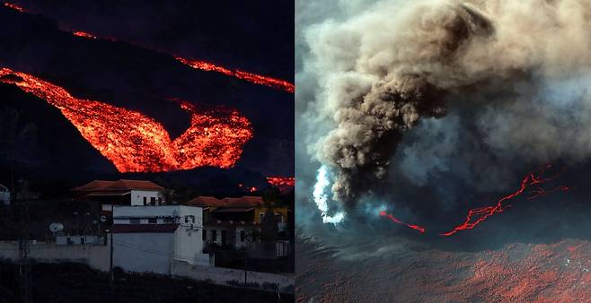 지난 13일 라 팔마 화산폭발로 용암이 흘러나오는 모습(왼쪽)과 위성으로 촬영된 화산 모습. 사진=로이터 연합뉴스