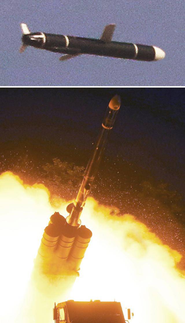 북한이 9월 11일과 12일 실시한 신형 장거리순항미사일시험발사 장면. 조선중앙통신은 "발사된 장거리순항미사일들은 우리 국가의 영토와 영해 상공에 설정된 타원 및 8자형 비행궤도를 따라 7,580초를 비행하여 1,500㎞ 계선의 표적을 명중했다"고 주장했다. 평양=조선중앙통신 연합뉴스