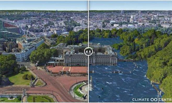 영국 버킹엄궁의 현재 모습과 해수면 상승으로 물에 잠겼을 경우를 비교한 사진. CNN 캡처