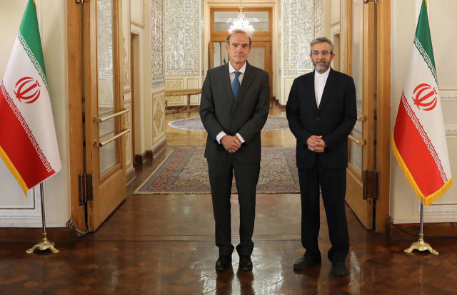 지난 14일 알리 바헤리(오른쪽) 이란 외무부 차관이 이란 테헤란을 방문한 엔리케 모라 유럽연합 대외관계청 사무차장과 기념 촬영을 하고 있다. /EPA연합뉴스
