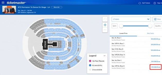 방탄소년단의 LA 콘서트 티켓이 1800만원대에서 재판매되고 있다. /사진=티켓마스터 홈페이지