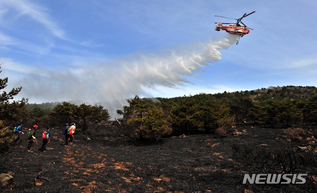 [제주=뉴시스] 산불 진화작업을 벌이고 있는 산림청 헬기.