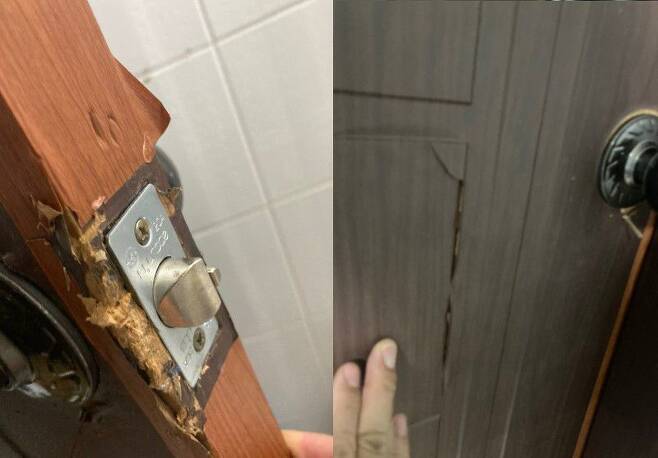 19일 한 온라인 커뮤니티에 올라온 사진 중 일부. 작성자는 문고리 교체를 부탁했는데 문이 훼손됐다고 전했다. /온라인 커뮤니티