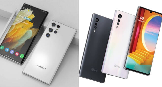갤럭시S22 울트라 모델 예상 렌더링(왼쪽), 지난해 5월 출시된 LG전자 스마트폰 'LG벨벳'(오른쪽) [렛츠고디지털, LG전자 제공]