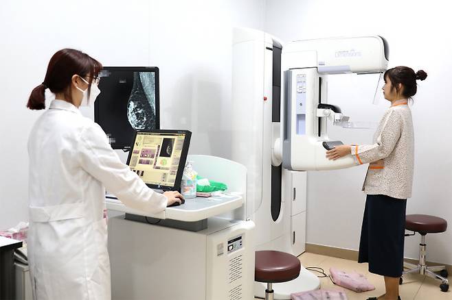 유방촬영술 검사 사진. 유방암 조기발견을 위해서는 40세부터 2년 간격으로 유방촬영술을 권고하고 있다.