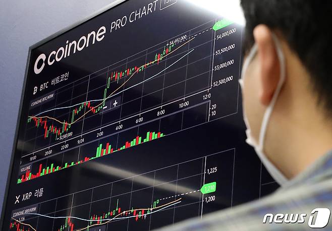 비트코인 상장지수펀드(ETF)가 19일(현지시간)부터 뉴욕증권거래소(NYSE)에서 거래가 정식 시작됨에 따라 비트코인이 5% 가까이 급등해 사상최고치에 근접하고 있다. 비트코인 사상최고치는 지난 4월 14일 기록한 6만4895달러다. 이제 비트코인은 사상최고치 경신까지 약 600달러만 남겨두고 있다. 사진은 20일 오후 서울 용산구 코인원 고객센터 모니터에 비트코인 시세가 표시돼 있는 모습. 2021.10.20/뉴스1 © News1 김진환 기자