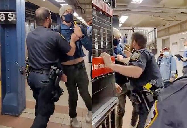 마스크를 착용하지 않은 뉴욕 경찰이 지하철 승객에게 지적을 받자 승객을 비상문 밖으로 밀어내고 있다./philip lewis 트위터