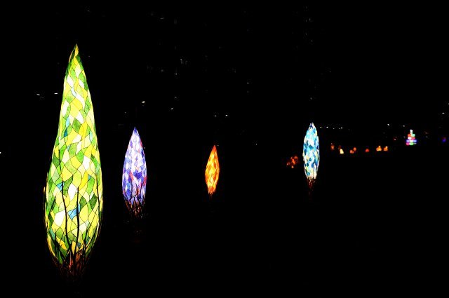 19일 서울 노원구 당현천에서 시민들이 ‘노원달빛산책’에 등장한 예술 등(燈)과 뉴미디어 작품을 보며 산책하고 있다.