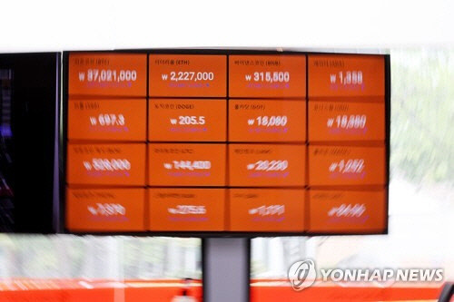 지난 16일 서울 빗썸 강남센터에 설치된 모니터에 가상화폐 시세가 표시되고 있다. 연합뉴스