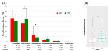 A. ASD 환자와 정상발달대조군(TDC)에게서 발견되는 phylum 수준에서의 장내 미생물 분포도 그림. B. ASD 환자와 정상발달대조군(TDC)의 Bacteroidetes/Firmicutes (B/F) 비율 그림.